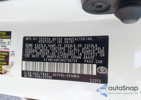 2008 Toyota Camry Le from USA, damaged, VIN 4T1BE46K58U736734